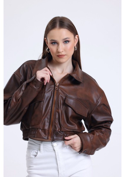 Kadın Deri Oversize Astarlı Kol Çıt Çıt Düğmeli Deri Mont Fermuar Kapamalı Kolej Mont Kahve fiyatları