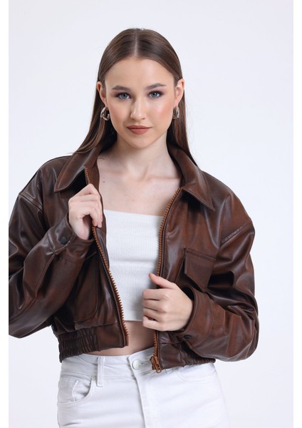 Kadın Deri Oversize Astarlı Kol Çıt Çıt Düğmeli Deri Mont Fermuar Kapamalı Kolej Mont Kahve fırsatları