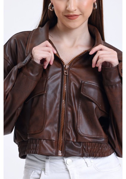 Kadın Deri Oversize Astarlı Kol Çıt Çıt Düğmeli Deri Mont Fermuar Kapamalı Kolej Mont Kahve indirimleri