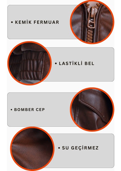 Kadın Deri Oversize Astarlı Kol Çıt Çıt Düğmeli Deri Mont Fermuar Kapamalı Kolej Mont Kahve