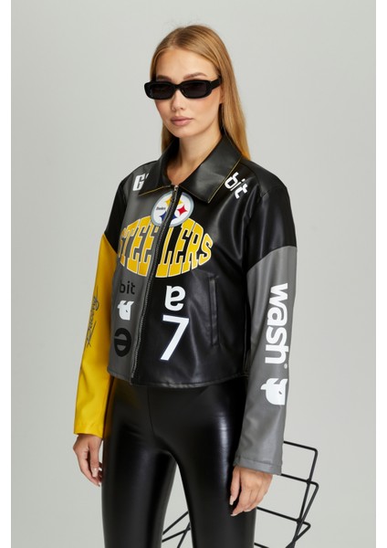 Kadın Oversize Çift Renkli Baskılı Yarışçı Montu Fermuarlı Kolej Ceket Bomber Motorcu Montu