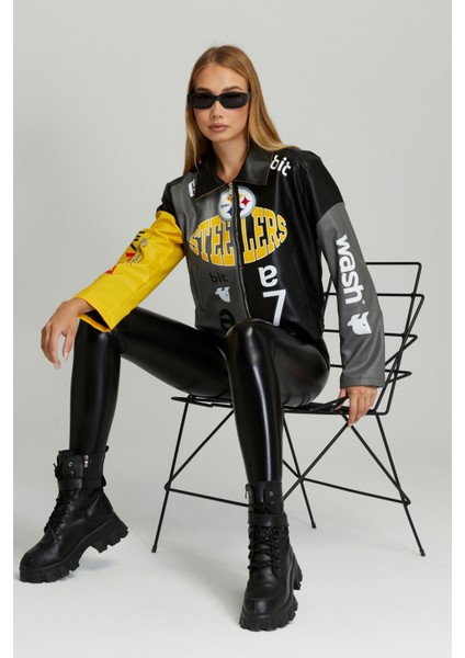 Kadın Oversize Çift Renkli Baskılı Yarışçı Montu Fermuarlı Kolej Ceket Bomber Motorcu Montu fiyatları