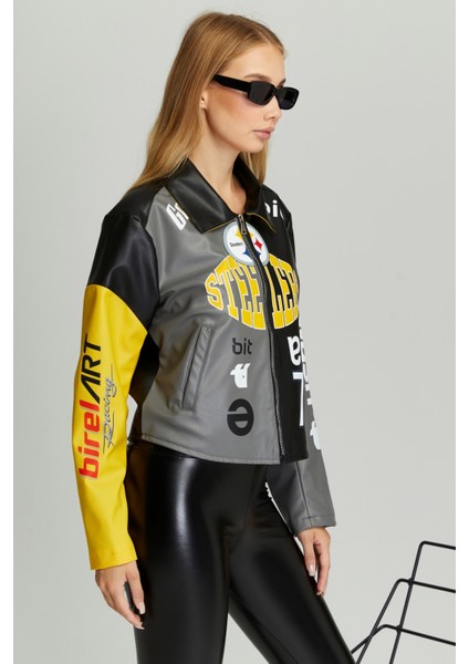 Kadın Oversize Çift Renkli Baskılı Yarışçı Montu Fermuarlı Kolej Ceket Bomber Motorcu Montu modelleri