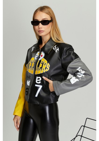 Kadın Oversize Çift Renkli Baskılı Yarışçı Montu Fermuarlı Kolej Ceket Bomber Motorcu Montu fırsatları