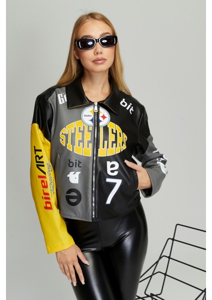 Kadın Oversize Çift Renkli Baskılı Yarışçı Montu Fermuarlı Kolej Ceket Bomber Motorcu Montu indirimleri