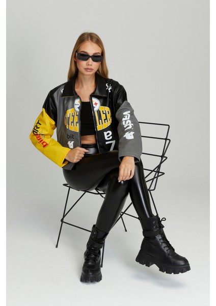 Kadın Oversize Çift Renkli Baskılı Yarışçı Montu Fermuarlı Kolej Ceket Bomber Motorcu Montu