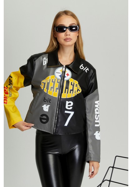 Kadın Oversize Çift Renkli Baskılı Yarışçı Montu Fermuarlı Kolej Ceket Bomber Motorcu Montu