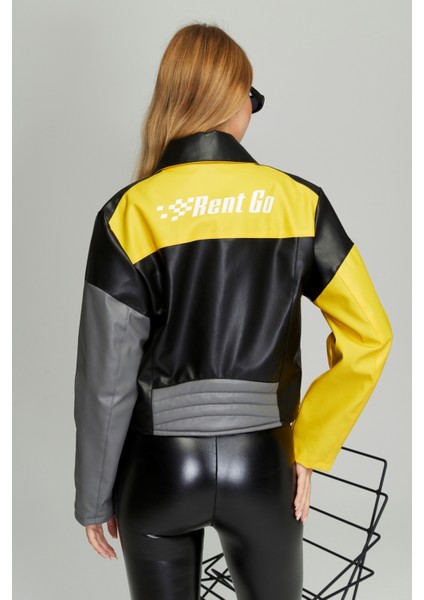 Kadın Oversize Çift Renkli Baskılı Yarışçı Montu Fermuarlı Kolej Ceket Bomber Motorcu Montu