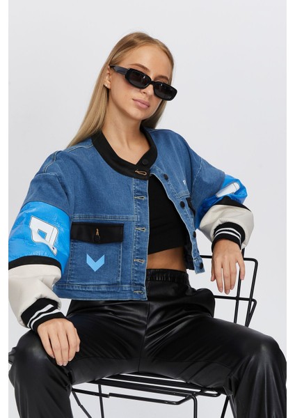 Kadın Oversize Kot Ceket Kolları Deri Garnili Düğmeli Motorcu Montu Baskılı Yarışçı Kolej Ceket