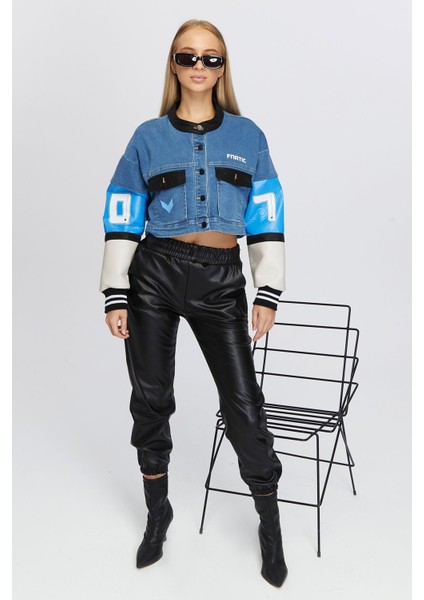 Kadın Oversize Kot Ceket Kolları Deri Garnili Düğmeli Motorcu Montu Baskılı Yarışçı Kolej Ceket fiyatları