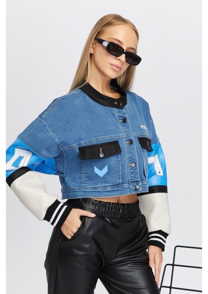 Kadın Oversize Kot Ceket Kolları Deri Garnili Düğmeli Motorcu Montu Baskılı Yarışçı Kolej Ceket fırsatları