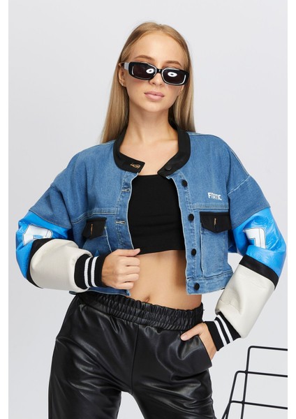 Kadın Oversize Kot Ceket Kolları Deri Garnili Düğmeli Motorcu Montu Baskılı Yarışçı Kolej Ceket indirimleri