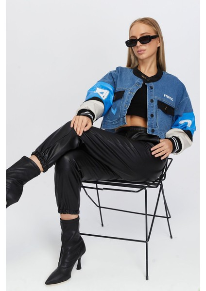 Kadın Oversize Kot Ceket Kolları Deri Garnili Düğmeli Motorcu Montu Baskılı Yarışçı Kolej Ceket