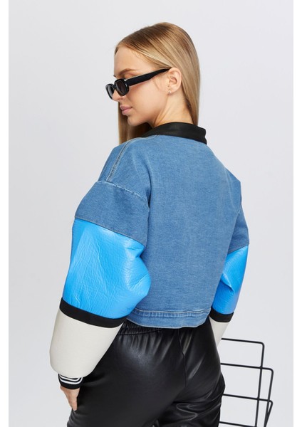 Kadın Oversize Kot Ceket Kolları Deri Garnili Düğmeli Motorcu Montu Baskılı Yarışçı Kolej Ceket