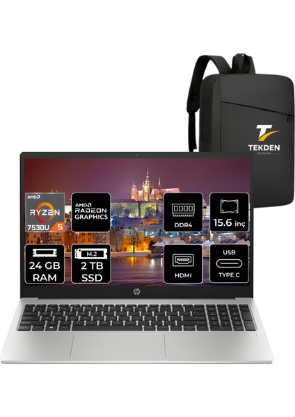 255 G10 Amd Ryzen 5 7530U 24GB 2tb SSD 15.6'' Fhd Fdos Taşınabilir Bilgisayar 8A547EA &tekdençanta