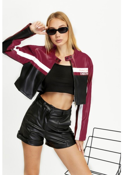 Kadın Kısa Oversize Motorcu Ceketi – Baskılı Bomber Mont – Fermuarlı Kolej Tasarım fırsatları