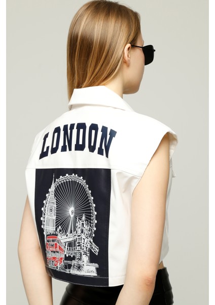 Kadın Oversize Baskılı Yelek Çıt Çıt Kapamalı Süveter