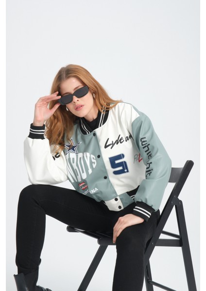 Kadın Deri Overisize Çift Renkli Baskılı Kolej Ceket Çıt Çıtlı Motorcu Montu Yarışçı Bomber Ceket