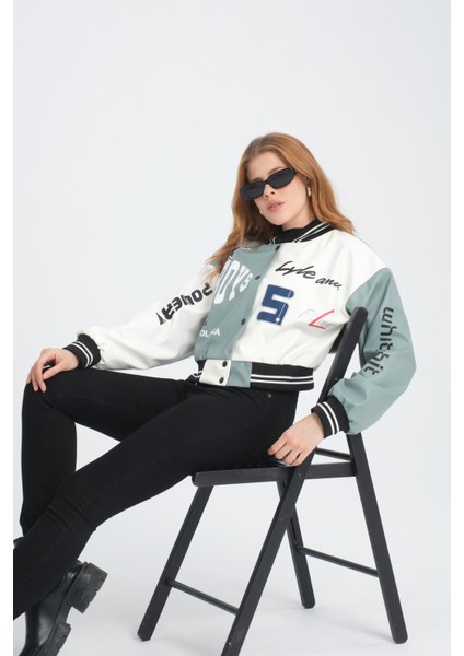 Kadın Deri Overisize Çift Renkli Baskılı Kolej Ceket Çıt Çıtlı Motorcu Montu Yarışçı Bomber Ceket fiyatları