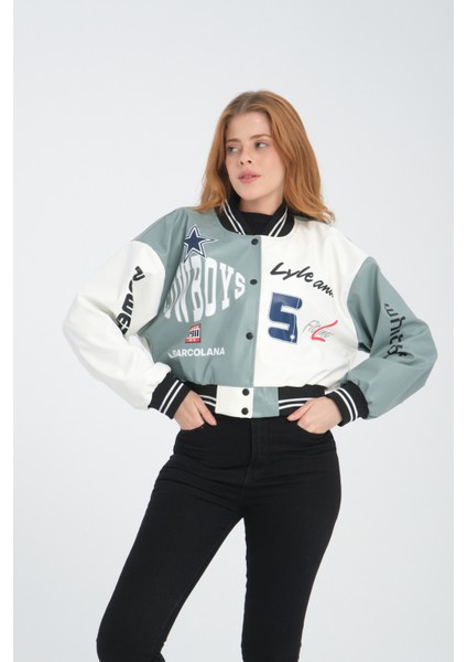 Kadın Deri Overisize Çift Renkli Baskılı Kolej Ceket Çıt Çıtlı Motorcu Montu Yarışçı Bomber Ceket modelleri