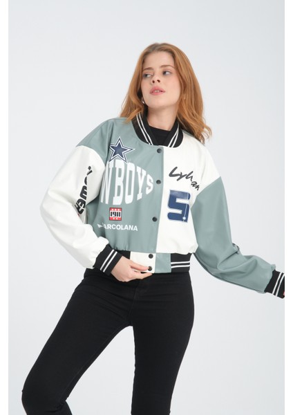 Kadın Deri Overisize Çift Renkli Baskılı Kolej Ceket Çıt Çıtlı Motorcu Montu Yarışçı Bomber Ceket fırsatları