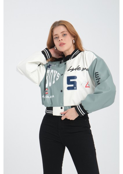 Kadın Deri Overisize Çift Renkli Baskılı Kolej Ceket Çıt Çıtlı Motorcu Montu Yarışçı Bomber Ceket indirimleri