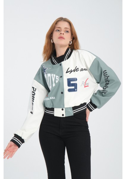 Kadın Deri Overisize Çift Renkli Baskılı Kolej Ceket Çıt Çıtlı Motorcu Montu Yarışçı Bomber Ceket