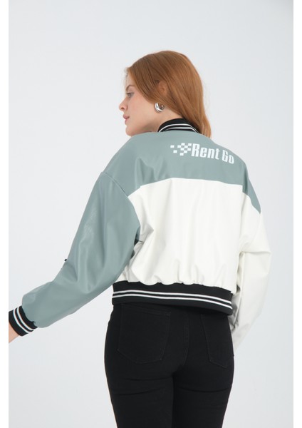 Kadın Deri Overisize Çift Renkli Baskılı Kolej Ceket Çıt Çıtlı Motorcu Montu Yarışçı Bomber Ceket