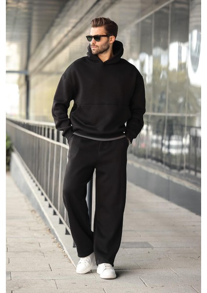 Siyah Kapüşonlu Kanguru Cep Erkek Eşofman Takımı E7338