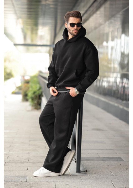 Siyah Kapüşonlu Kanguru Cep Erkek Eşofman Takımı E7338 fiyatları