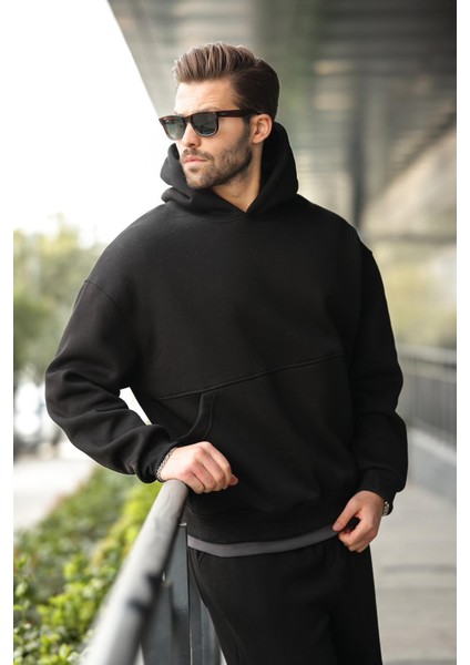 Siyah Kapüşonlu Kanguru Cep Erkek Eşofman Takımı E7338 modelleri