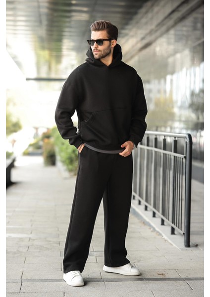Siyah Kapüşonlu Kanguru Cep Erkek Eşofman Takımı E7338 fırsatları