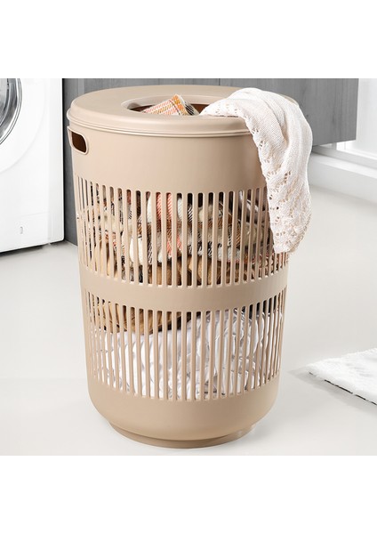 60 Litre Solara Yuvarlak Kirli Sepeti - Kapak Detaylı Banyo Düzenleyici Sepet Çamaşır Sepeti Bej