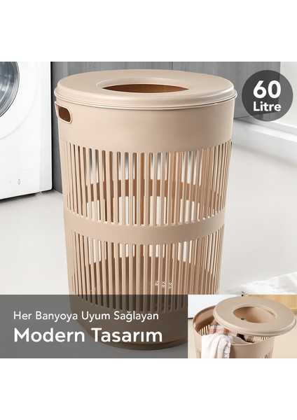 60 Litre Solara Yuvarlak Kirli Sepeti - Kapak Detaylı Banyo Düzenleyici Sepet Çamaşır Sepeti Bej fiyatları