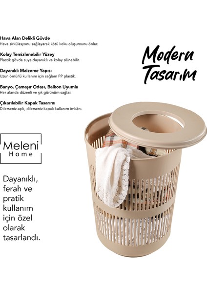 60 Litre Solara Yuvarlak Kirli Sepeti - Kapak Detaylı Banyo Düzenleyici Sepet Çamaşır Sepeti Bej modelleri