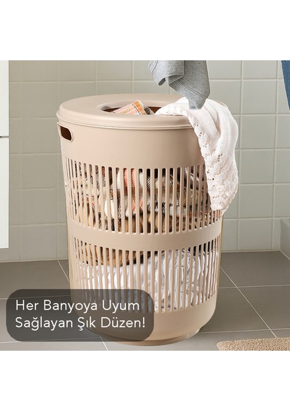 60 Litre Solara Yuvarlak Kirli Sepeti - Kapak Detaylı Banyo Düzenleyici Sepet Çamaşır Sepeti Bej fırsatları