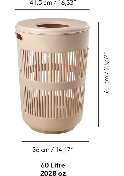 60 Litre Solara Yuvarlak Kirli Sepeti - Kapak Detaylı Banyo Düzenleyici Sepet Çamaşır Sepeti Bej indirimleri