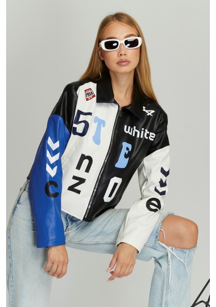 Kadın Oversize Çift Renkli Baskılı Yarışçı Montu Fermuarlı Kolej Ceket Bomber Motorcu Montu