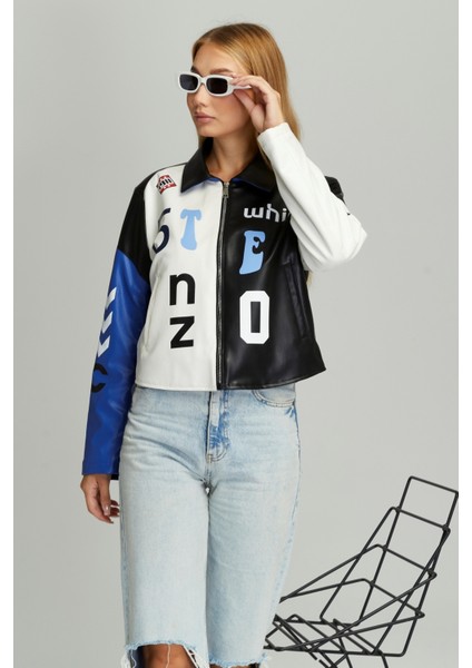Kadın Oversize Çift Renkli Baskılı Yarışçı Montu Fermuarlı Kolej Ceket Bomber Motorcu Montu fiyatları