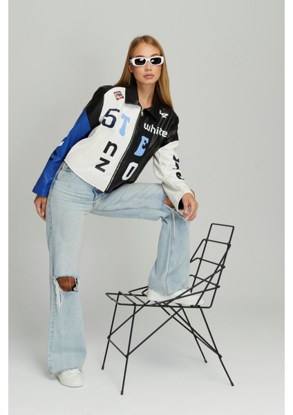 Kadın Oversize Çift Renkli Baskılı Yarışçı Montu Fermuarlı Kolej Ceket Bomber Motorcu Montu modelleri