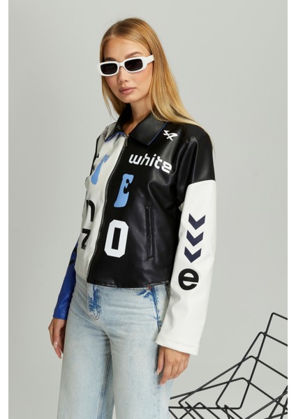Kadın Oversize Çift Renkli Baskılı Yarışçı Montu Fermuarlı Kolej Ceket Bomber Motorcu Montu fırsatları