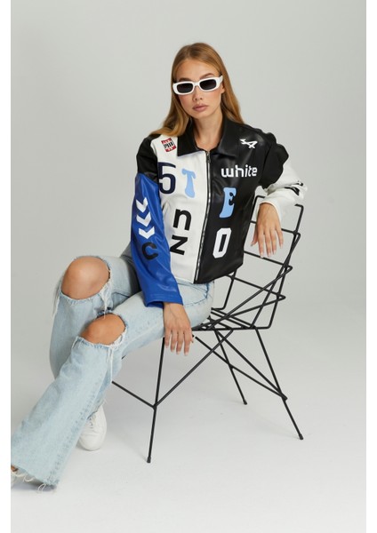 Kadın Oversize Çift Renkli Baskılı Yarışçı Montu Fermuarlı Kolej Ceket Bomber Motorcu Montu indirimleri