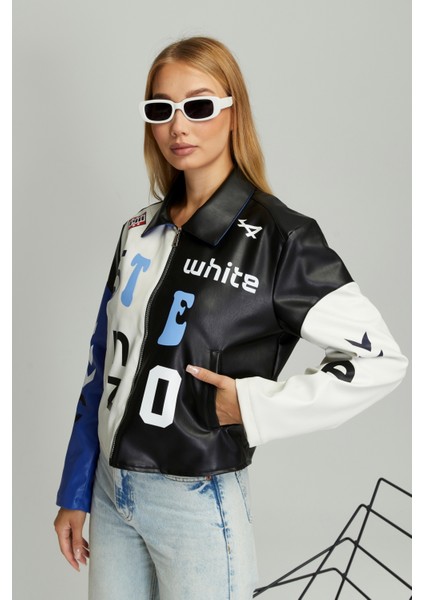 Kadın Oversize Çift Renkli Baskılı Yarışçı Montu Fermuarlı Kolej Ceket Bomber Motorcu Montu