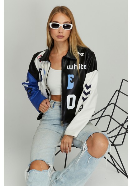 Kadın Oversize Çift Renkli Baskılı Yarışçı Montu Fermuarlı Kolej Ceket Bomber Motorcu Montu