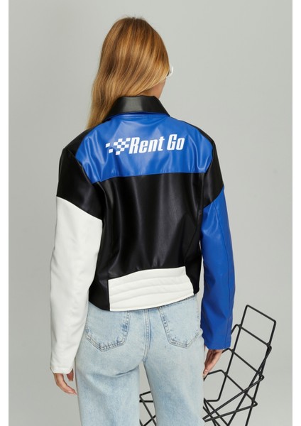 Kadın Oversize Çift Renkli Baskılı Yarışçı Montu Fermuarlı Kolej Ceket Bomber Motorcu Montu