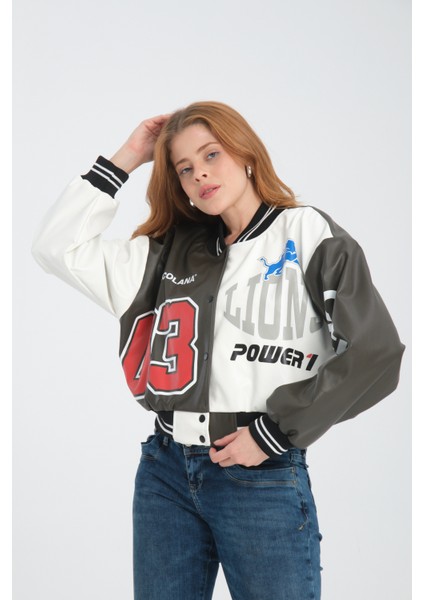 Kadın Deri Overisize Çift Renkli Baskılı Kolej Ceket Çıt Çıtlı Motorcu Montu Yarışçı Bomber Ceket fiyatları