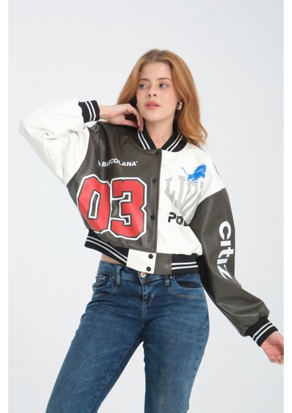 Kadın Deri Overisize Çift Renkli Baskılı Kolej Ceket Çıt Çıtlı Motorcu Montu Yarışçı Bomber Ceket modelleri