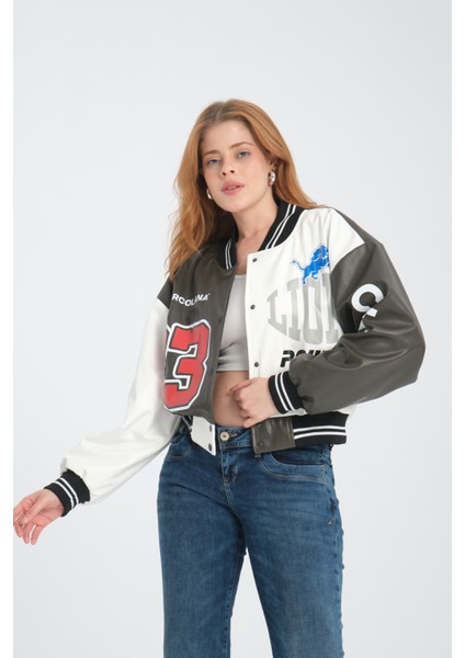 Kadın Deri Overisize Çift Renkli Baskılı Kolej Ceket Çıt Çıtlı Motorcu Montu Yarışçı Bomber Ceket fırsatları