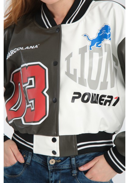 Kadın Deri Overisize Çift Renkli Baskılı Kolej Ceket Çıt Çıtlı Motorcu Montu Yarışçı Bomber Ceket