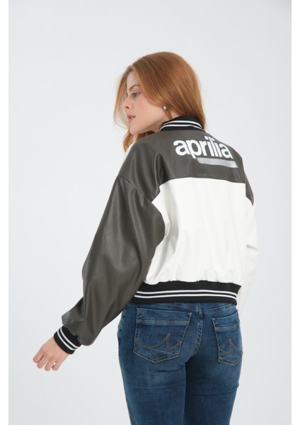 Kadın Deri Overisize Çift Renkli Baskılı Kolej Ceket Çıt Çıtlı Motorcu Montu Yarışçı Bomber Ceket